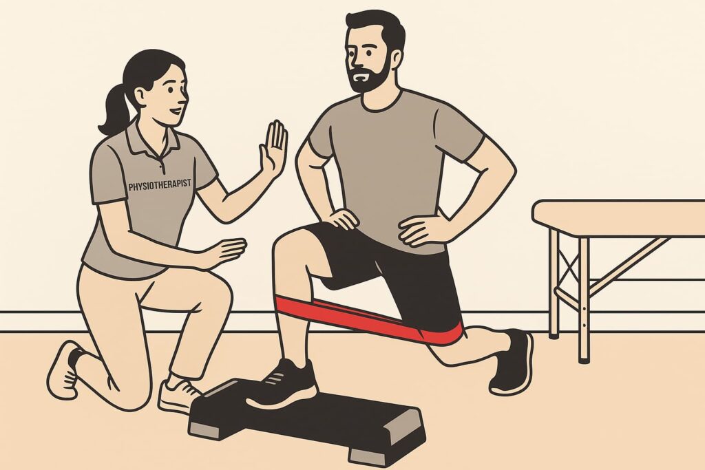 Physiotherapist guiding a patient through pre-surgery strengthening with a resistance band