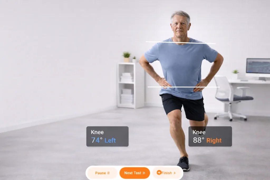 Patient doing a single-leg balance test with strength measurements on screen