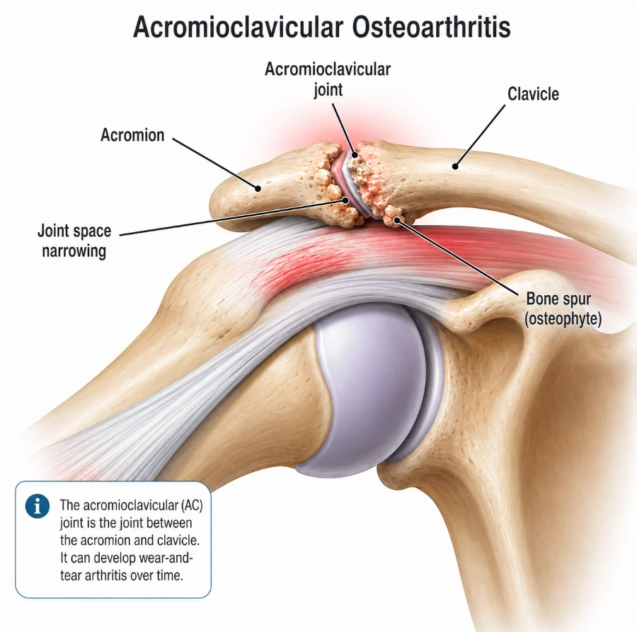 Illustration of acromioclavicular joint arthritis showing joint space narrowing and a bone spur