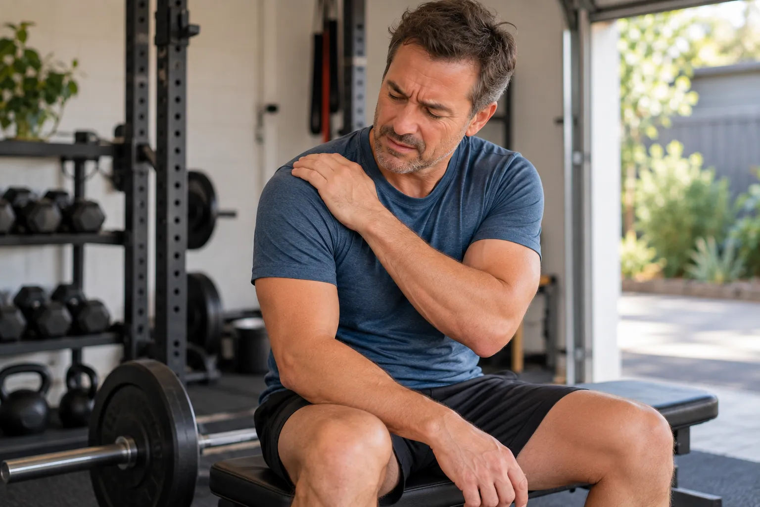 Man in a home gym pressing on the top of his sore shoulder