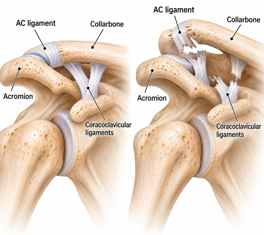 Illustration comparing a normal AC joint with a separated AC joint and torn ligaments