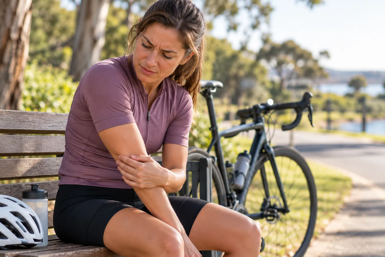 Cyclist resting on a bench beside her bike, supporting her sore arm
