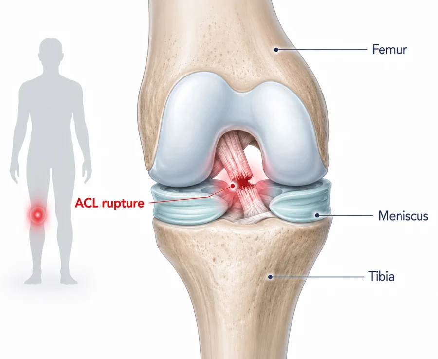 Illustration of the front of the knee showing a ruptured anterior cruciate ligament