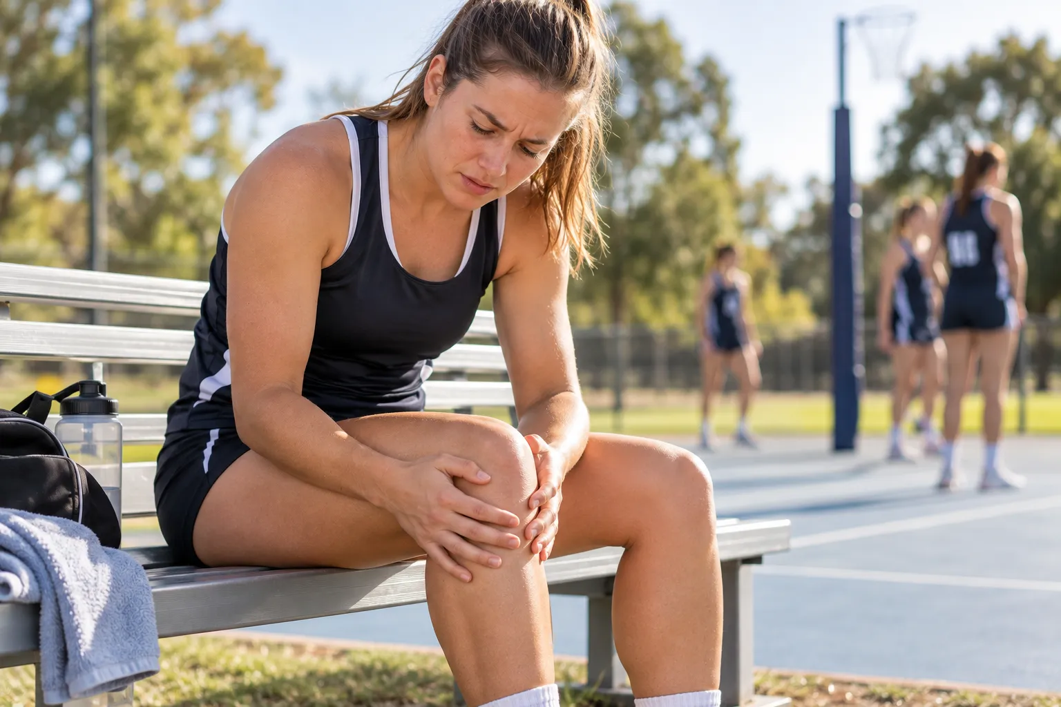 Netball player sitting on the sideline holding her knee