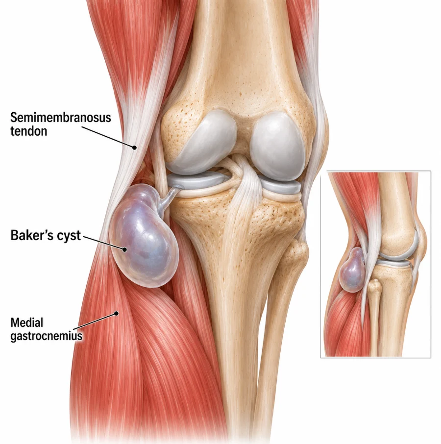 Illustration of the back of the knee showing a Baker’s cyst between the semimembranosus tendon and the calf muscle