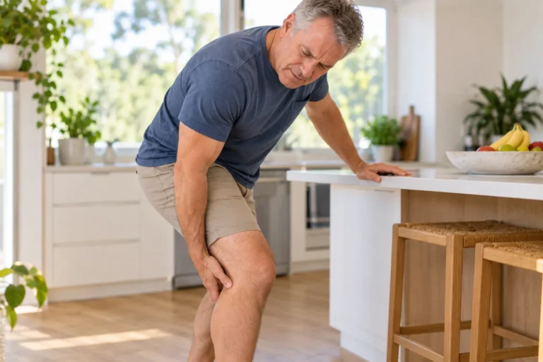 Man in a kitchen feeling the back of his knee