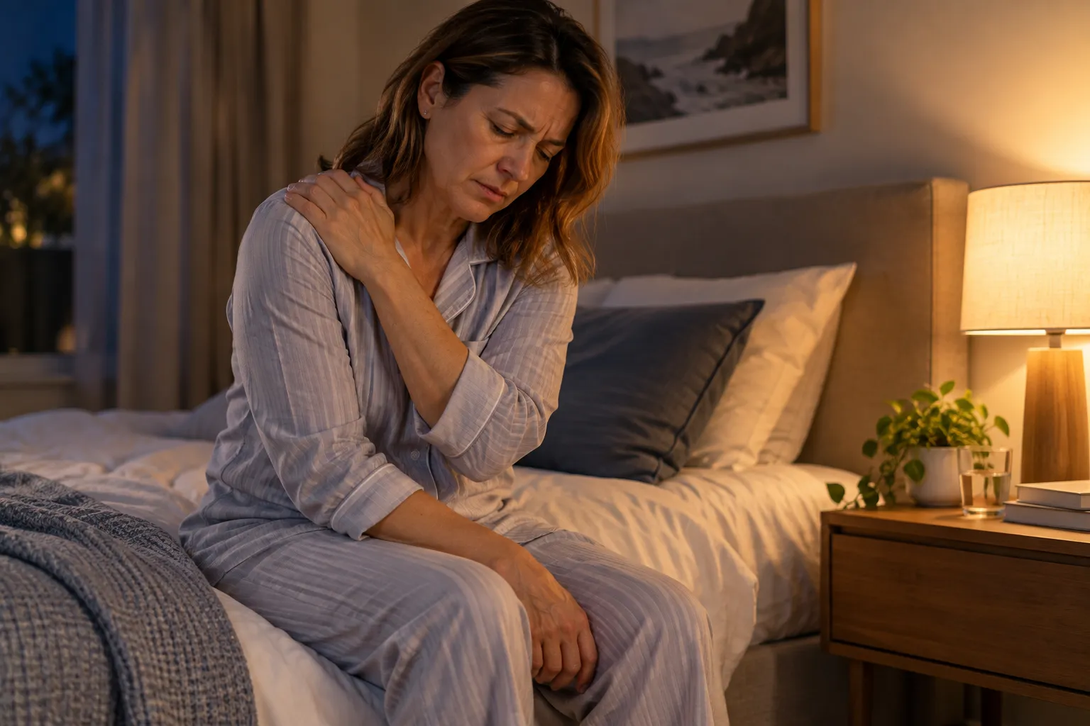 Woman sitting on her bed at night holding her painful shoulder