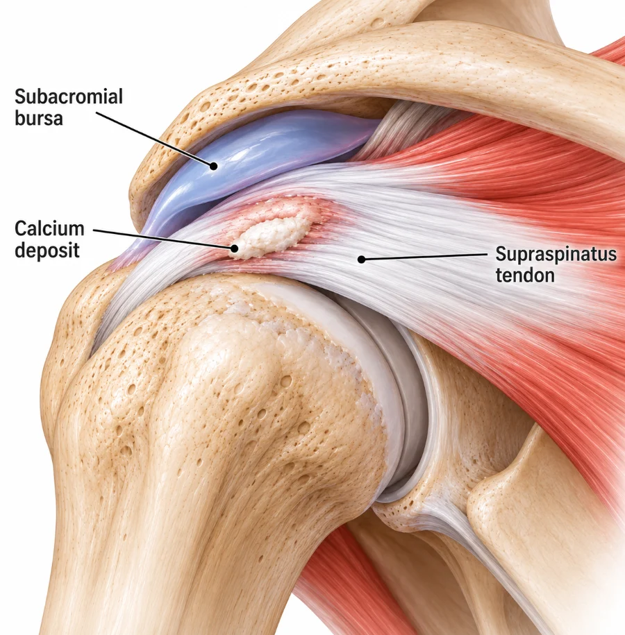 Illustration of a calcium deposit in the supraspinatus tendon beneath the subacromial bursa