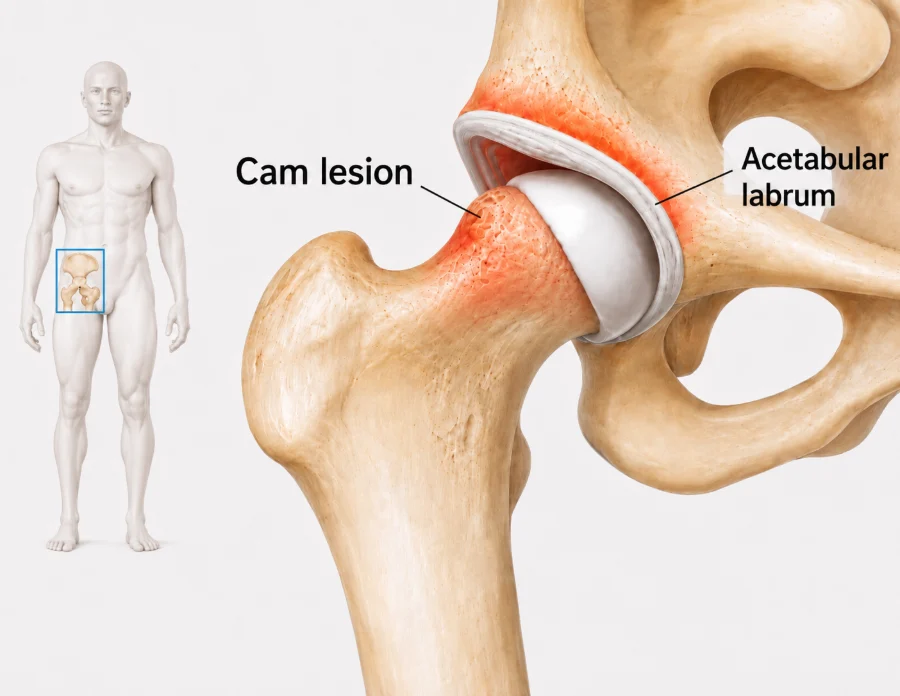 Illustration of femoroacetabular impingement showing a cam lesion on the femoral head and the acetabular labrum