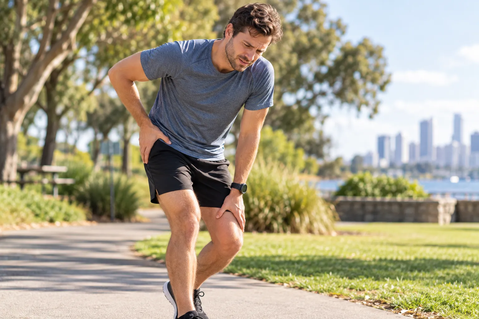 Runner pausing on a path and holding the front of his hip
