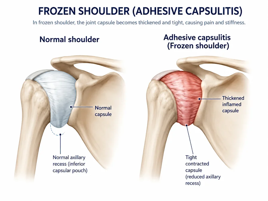 Patient-friendly medical illustration comparing a normal shoulder capsule with the thickened, tight capsule of frozen shoulder