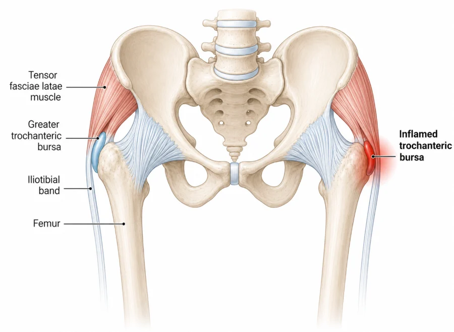 Illustration of the pelvis and hips showing an inflamed trochanteric bursa on the outer hip