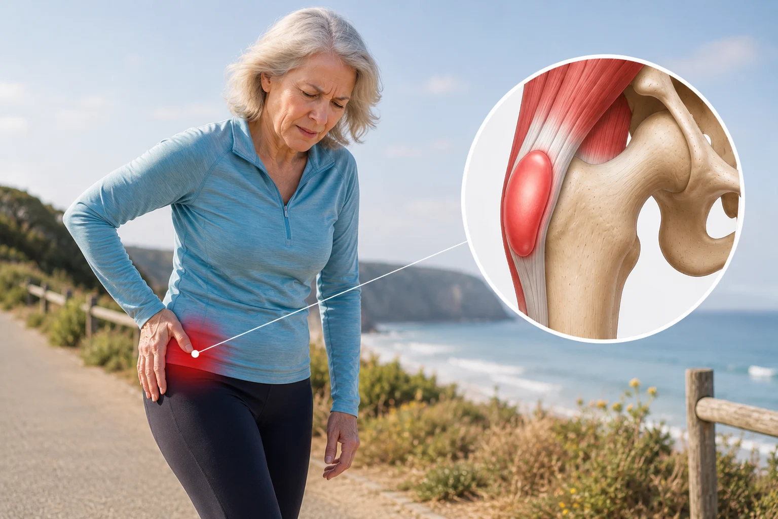 Woman walking on a coastal path holding the side of her painful hip