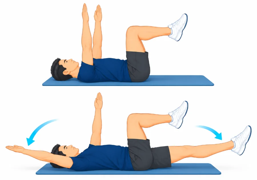 Lying on the back lowering one arm overhead while the opposite leg straightens