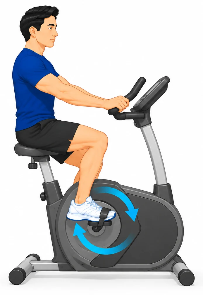 Riding an upright exercise bike with the seat set high