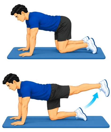 On hands and knees straightening one leg out behind at hip height