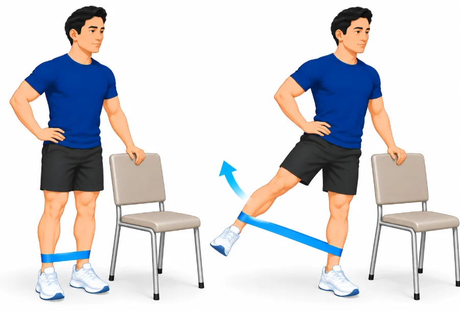 Standing holding a chair and lifting one leg out to the side against a light band