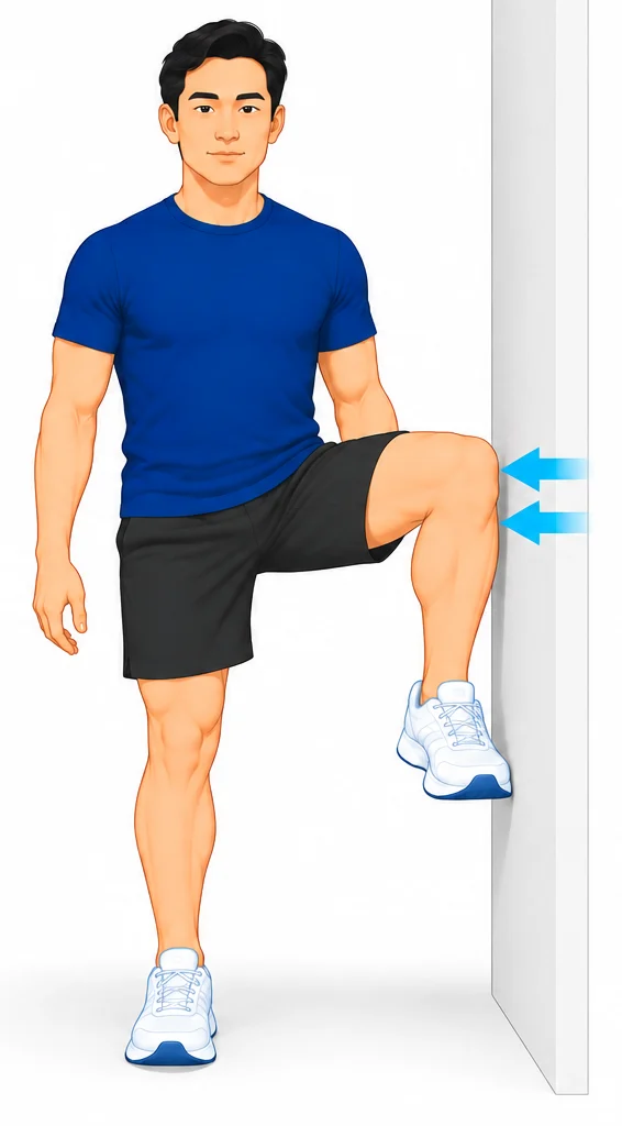 Standing on one leg with the other knee lifted and pressing gently into a wall