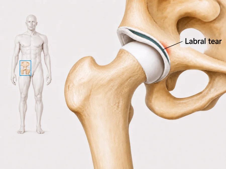 Illustration of the hip joint showing a tear in the labrum around the socket