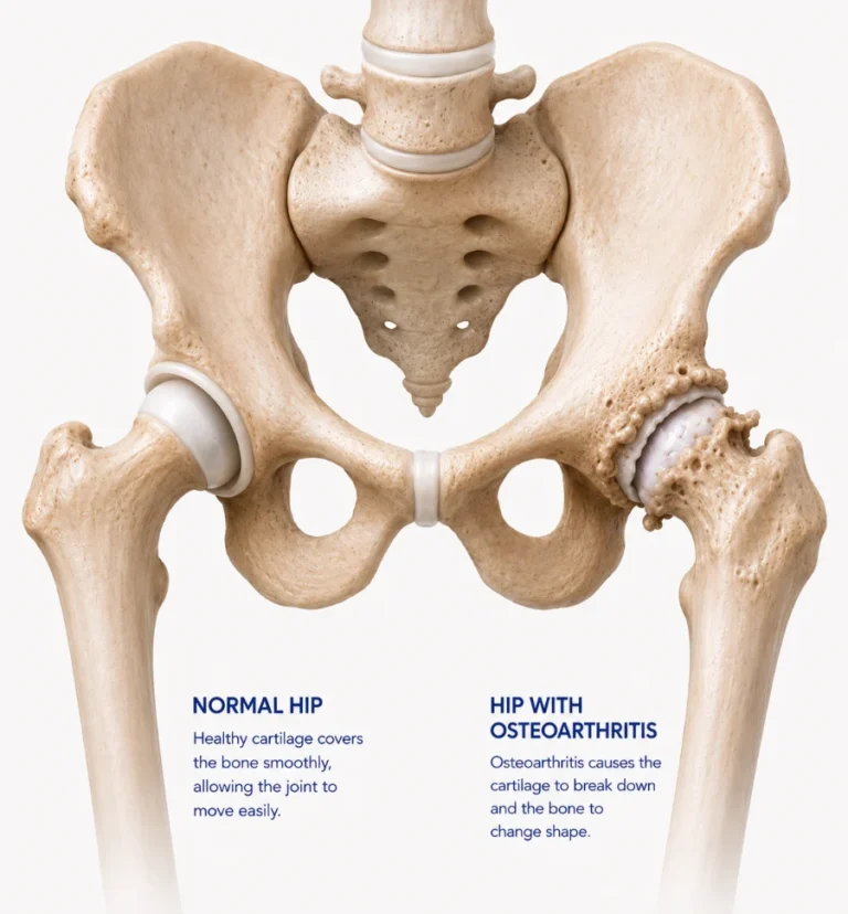 Illustration comparing a normal hip with an osteoarthritic hip