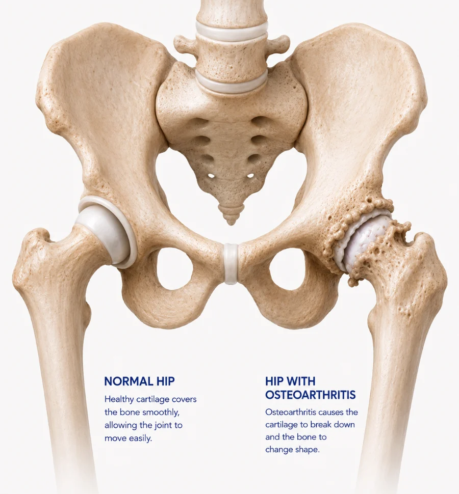 Illustration comparing a normal hip with an osteoarthritic hip