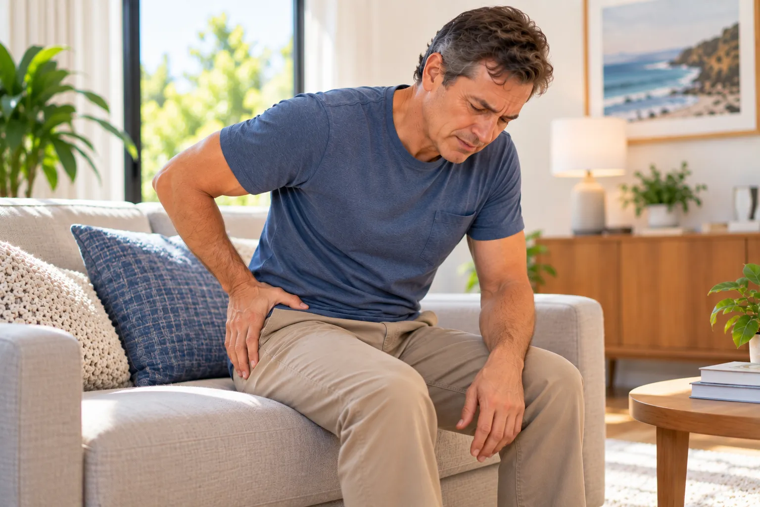 Man getting up from a sofa holding his sore hip