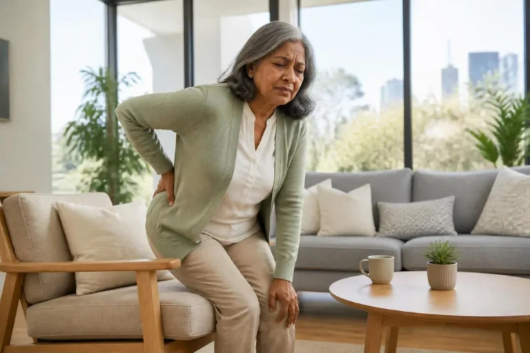 Older woman rising from an armchair and holding the side of her sore hip
