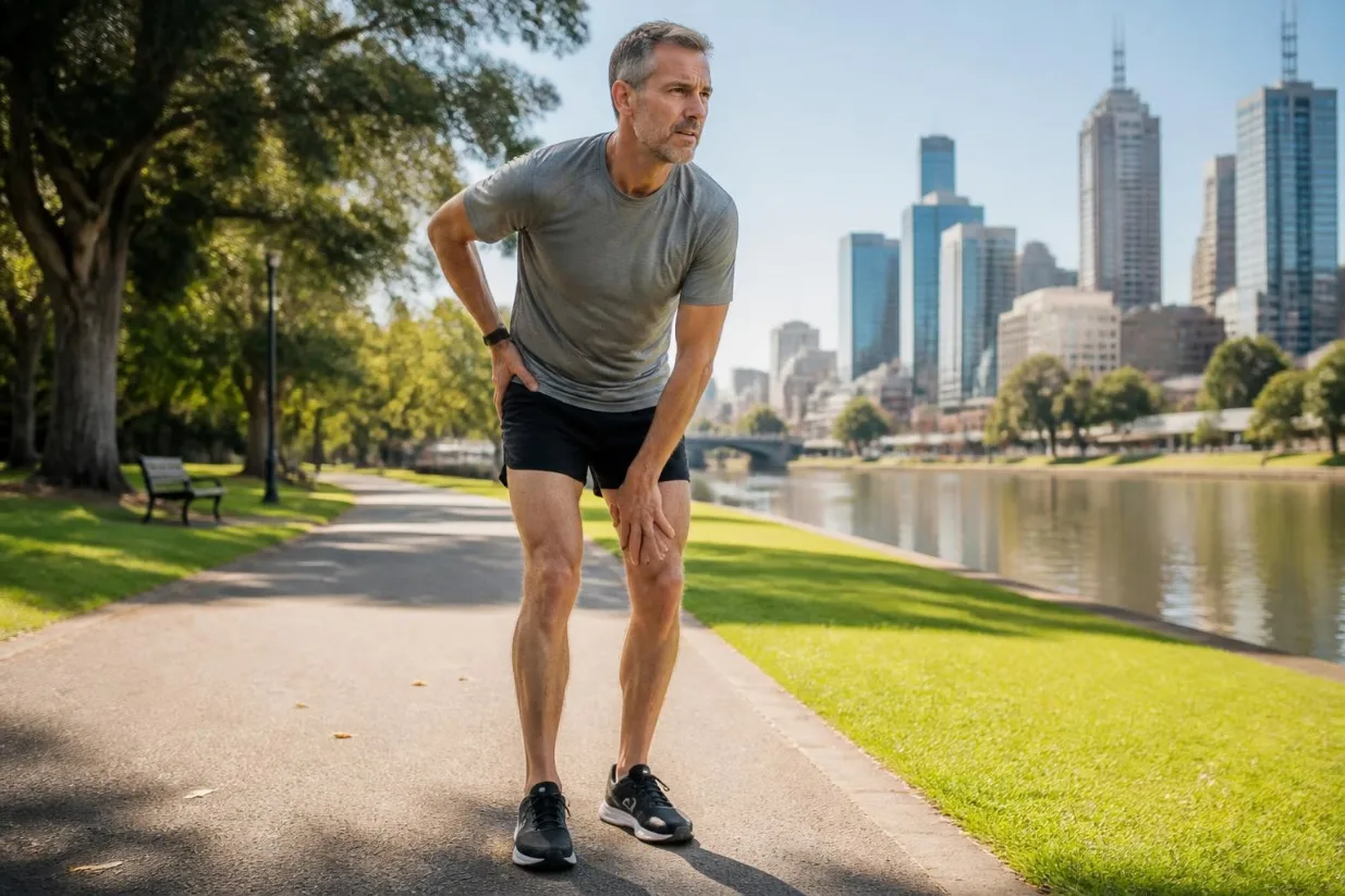 Man in his fifties pausing on a riverside path and holding the front of his sore hip