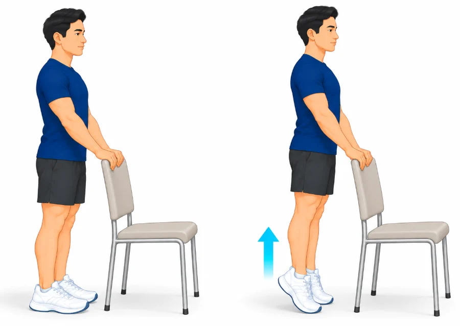 Standing holding a chair and rising up onto the balls of the feet