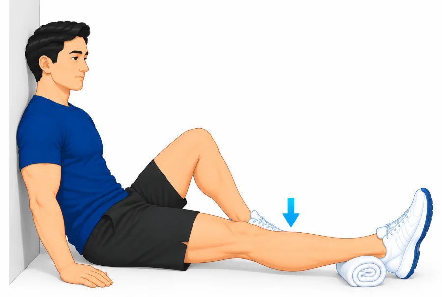 Sitting against a wall with the heel resting on a rolled towel so the knee can settle straight