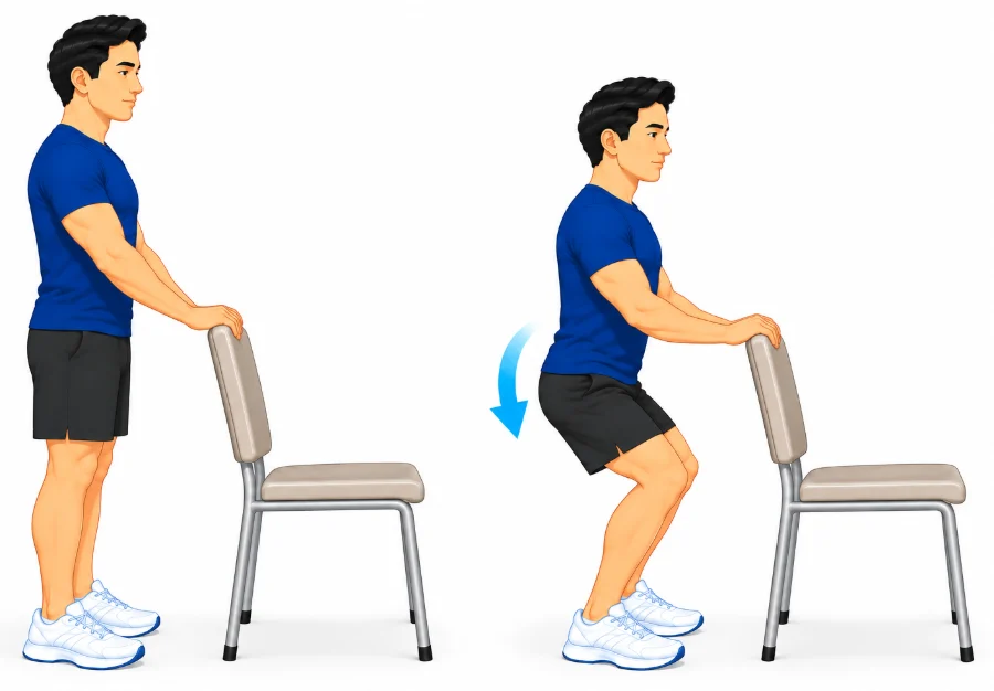 Holding the back of a chair and bending the knees into a small squat