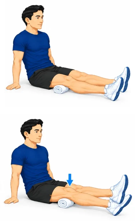 Sitting on the floor with a towel under the knee, tightening the thigh to press the knee down
