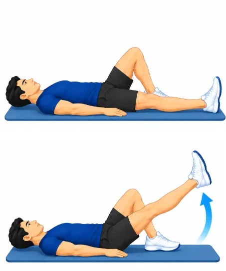 Lying on the back with one knee bent, lifting the other straight leg