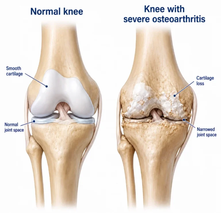 Illustration comparing a normal knee with a knee affected by severe osteoarthritis