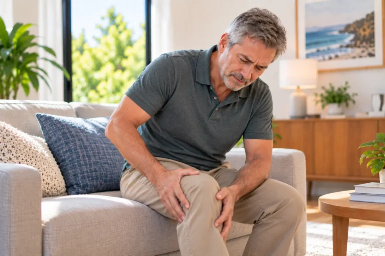 Man sitting on a sofa holding his stiff knee
