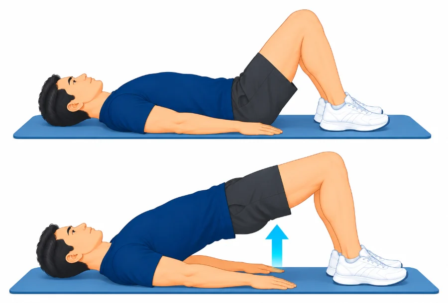 Lying on the back with knees bent lifting the hips off the mat