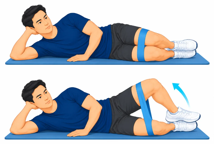 Lying on the side with knees bent opening the top knee against a light band