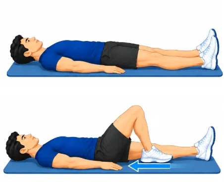 Lying on the back sliding one heel towards the buttock to bend the knee