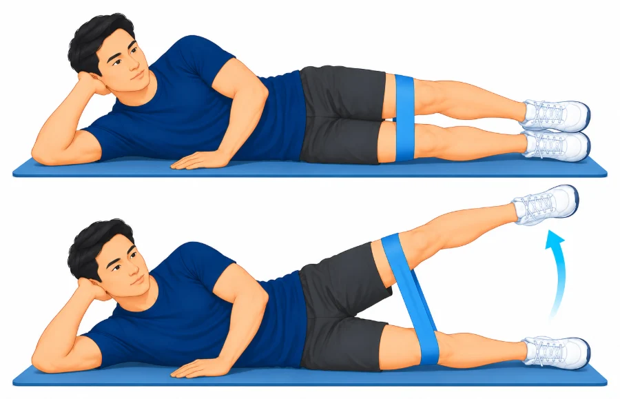 Lying on the side lifting the straight top leg towards the ceiling