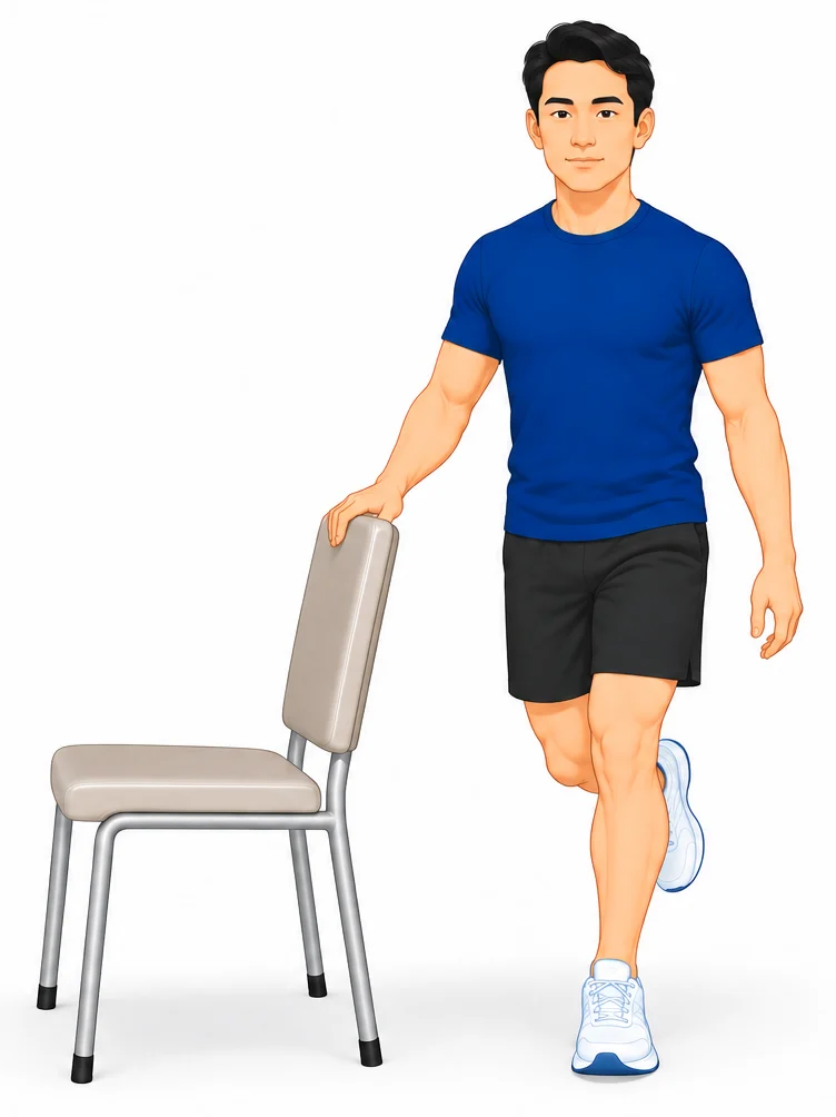 Standing on one leg with fingertips resting on a chair for balance