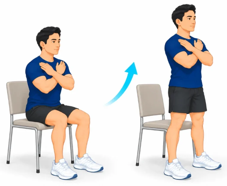 Standing up from a chair with arms crossed over the chest