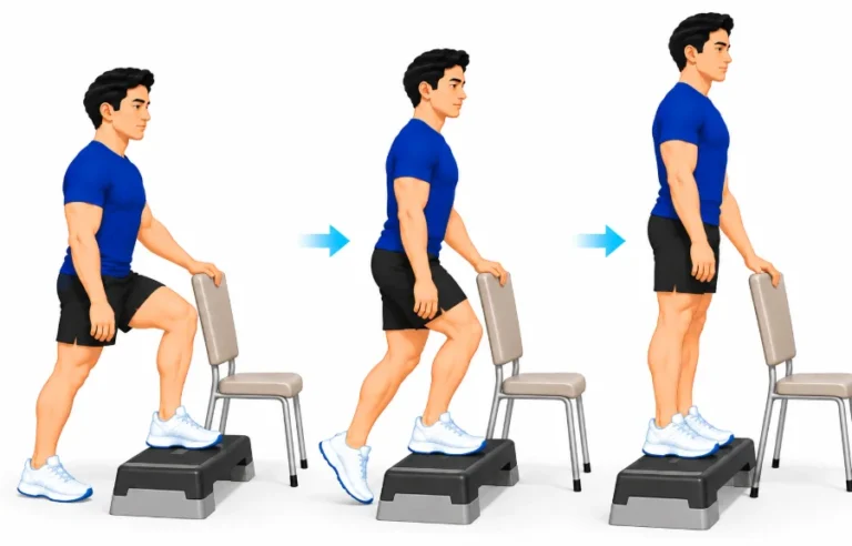 Stepping up onto a low step while holding a chair for balance