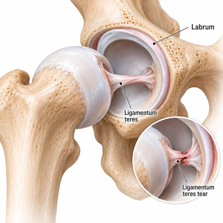 Illustration of the hip joint showing the ligamentum teres with an inset of a tear