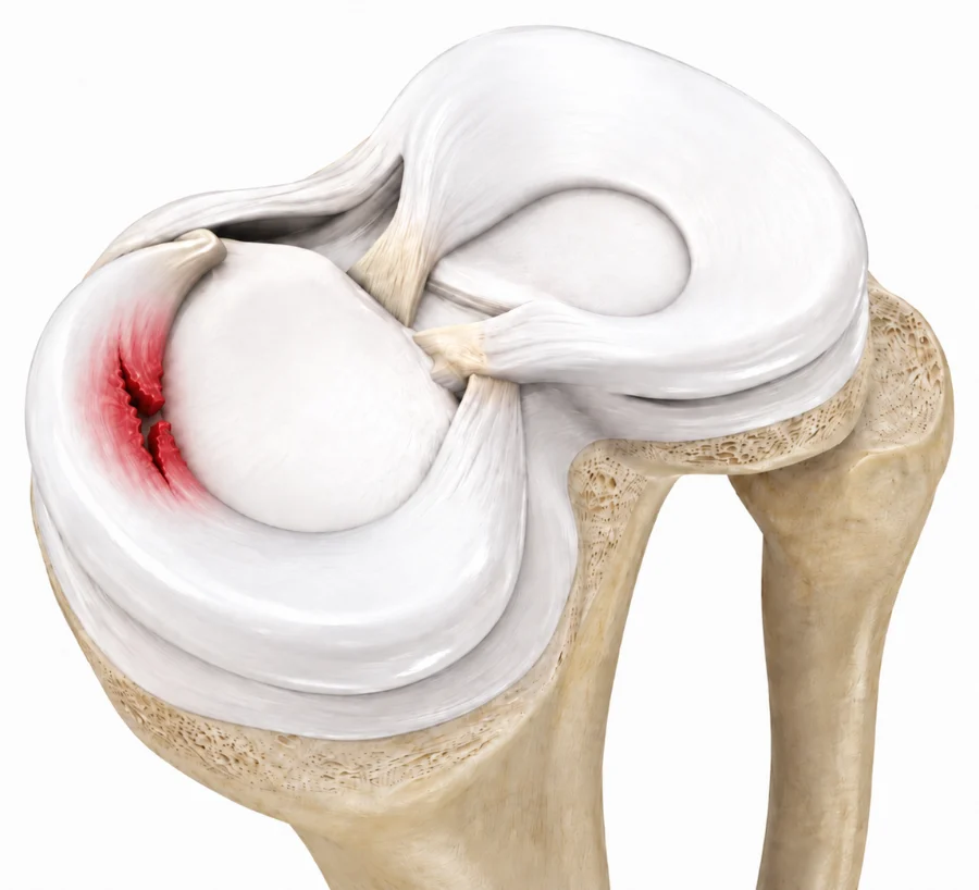Illustration of the knee menisci on top of the shin bone with a tear highlighted