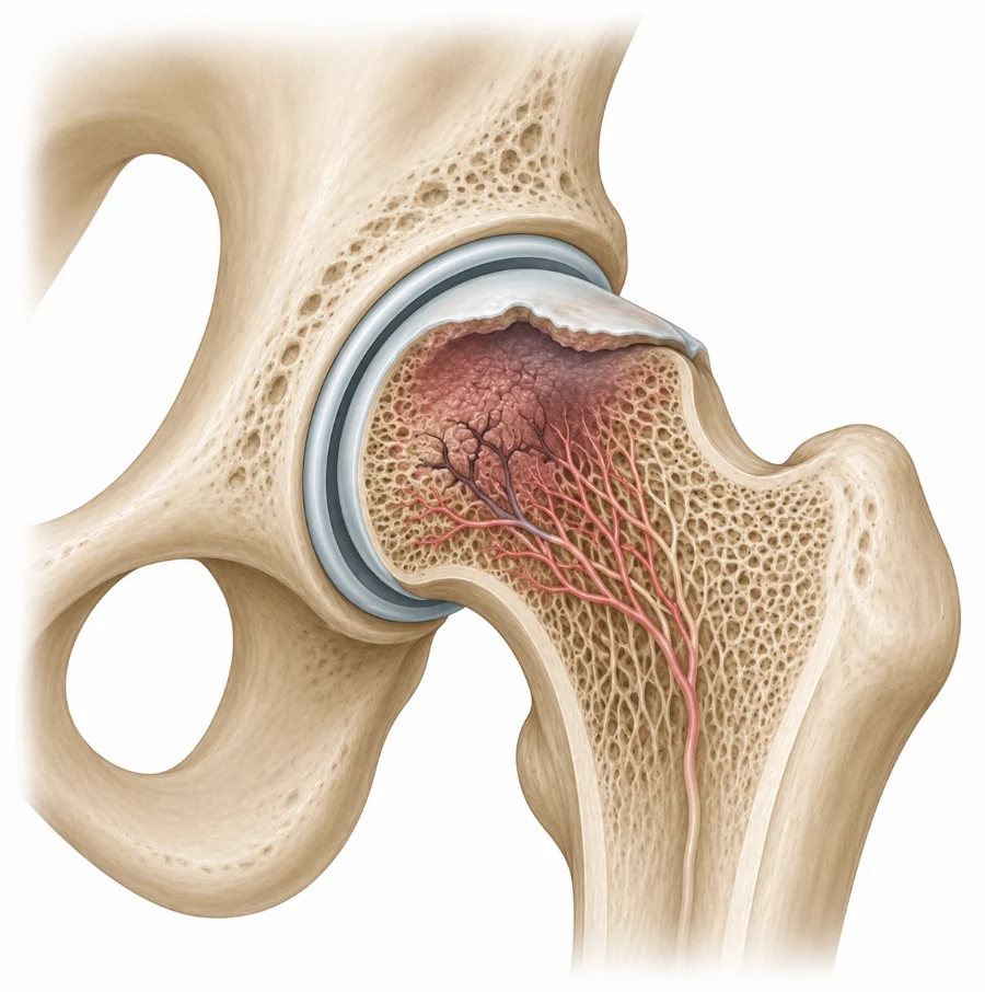 Illustration of osteonecrosis of the femoral head with collapse of the bone beneath the cartilage