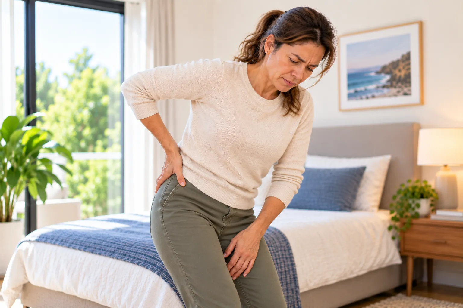 Woman standing beside her bed holding her sore hip