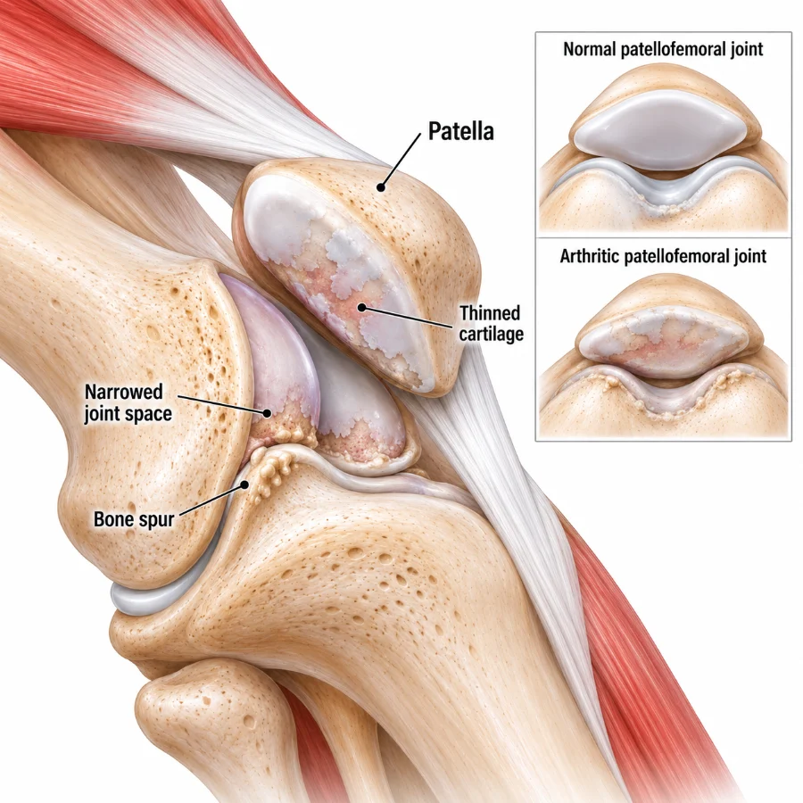 Illustration of patellofemoral arthritis showing thinned cartilage behind the kneecap and a bone spur