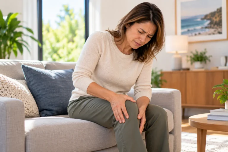 Woman on a sofa holding the front of her knee