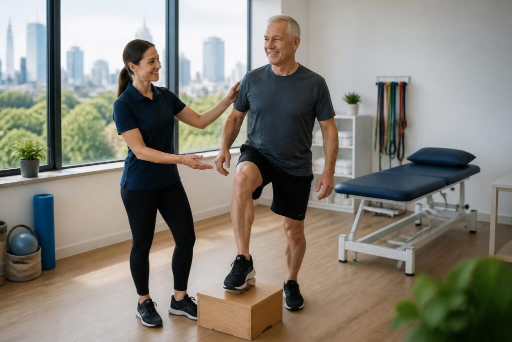 Physiotherapist coaching a patient through a step-up exercise at the Specialist Orthopaedic Surgery Clinic, East Melbourne