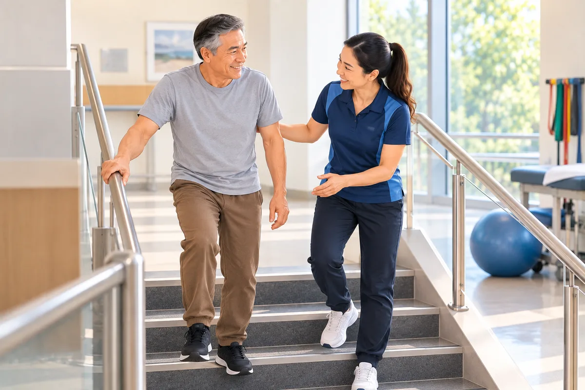 Physiotherapist guiding a patient down a set of stairs during rehabilitation